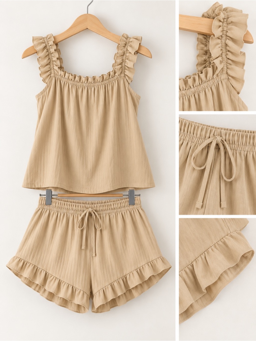 Women’s Beige Ruffle Two-Piece Lounge Sleep Set